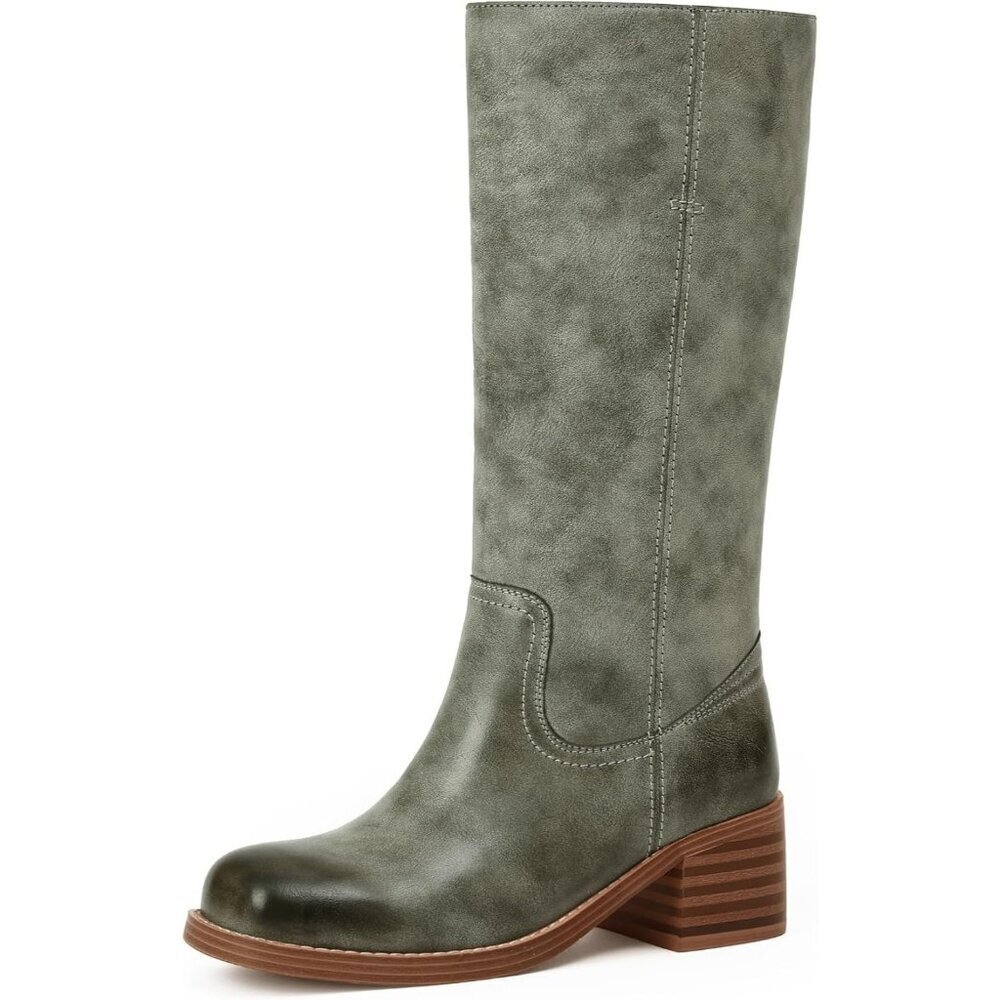 Women's Green Mid Calf Boots Chunky Block Heel Square Toe Comfortable Casual